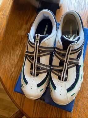 Skechers White Navy Green Slip-On Athletic Sneakers
